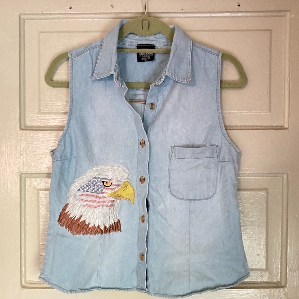 Vintage Light Blue Denim Button-Down Sleeveless Shirt with Embroidered Eagle